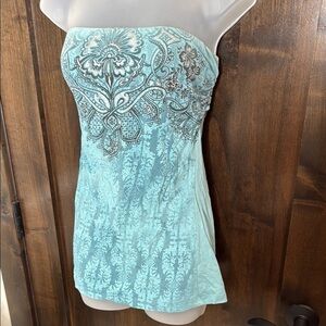 Vintage Y2K FANG Strapless blue sparkly Patterned bandeau tube Top Size L cotton